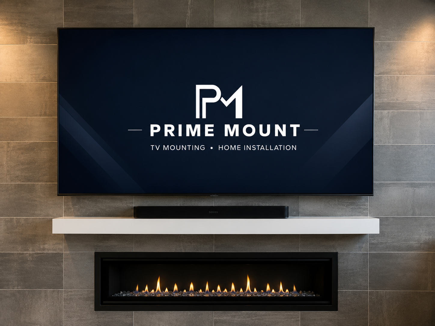 Prime Mount television and soundbar installation above a modern fireplace