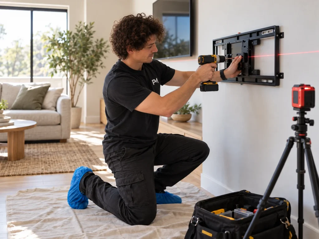 Konstantin mounting a TV with a laser level