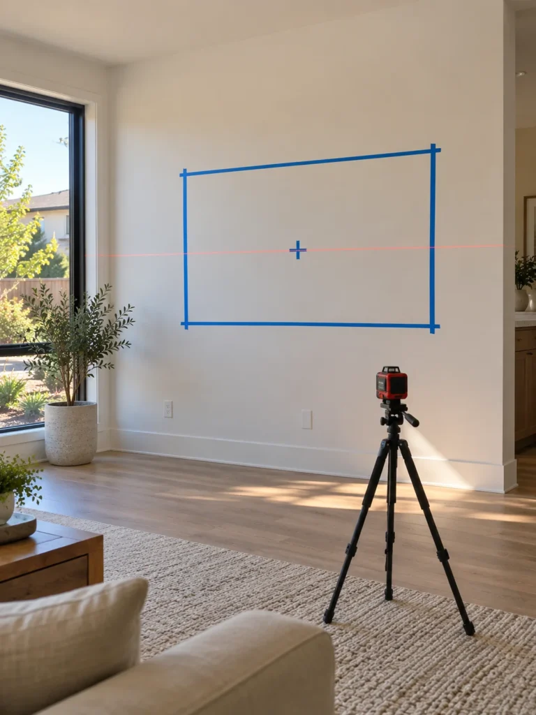 Painter’s tape marking the TV outline on the wall